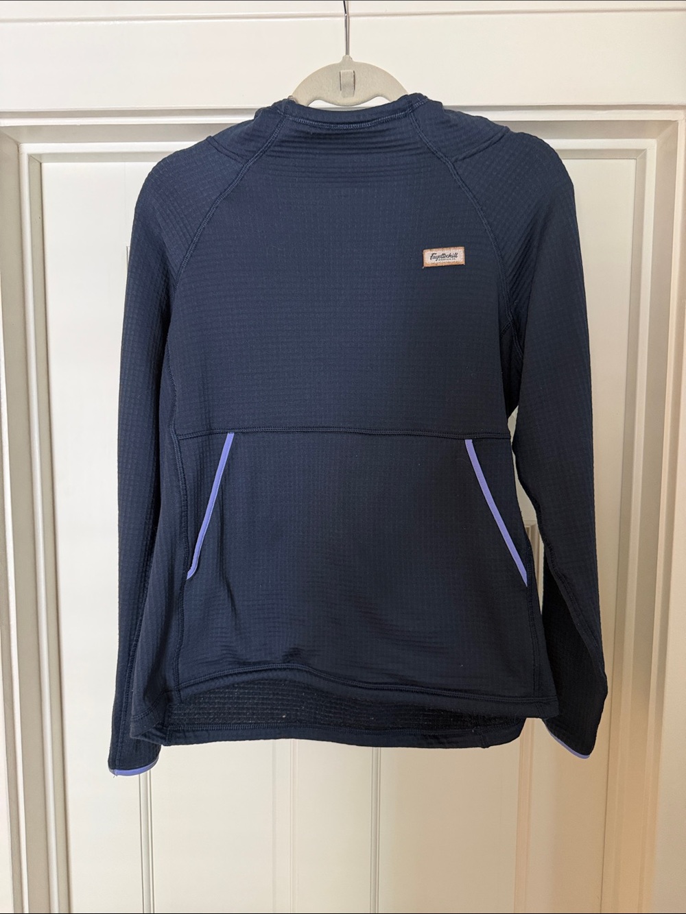 Women’s Navy Pullover Hoodie with Lilac Trim and Cowl Neck and Thumb Holes